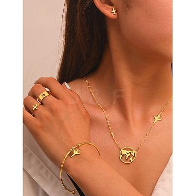 Airplane & Earth 201 Stainless Steel Pendant Necklace & Stud Earring & Cuff Ring & Cuff Bangle Sets FS-WG54043-01-1