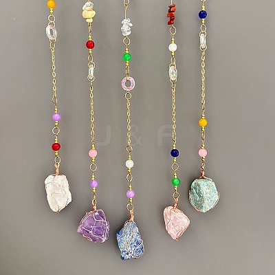 7 Chakra Natural Mixed Stone Chips Tree of Life Woven Net/Web with Feather Hanging Ornaments HJEW-A013-05-1