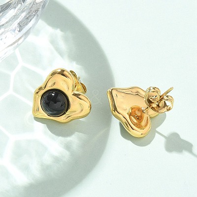 Natural Obsidian & Ion Plating(IP) 304 Stainless Steel Heart Stud Earrings EJEW-A118-04G-01-1