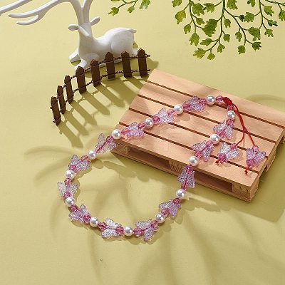 Acrylic Butterfly & Plastic Pearl Braided Beaded Necklace for Women NJEW-JN04053-1