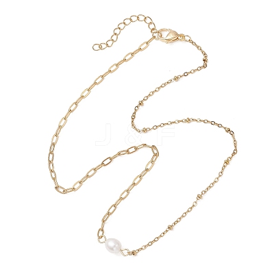 Natural Pearl Rice & 304 Stainless Steel Satellite Chain Paperclip Chain Necklaces for Women NJEW-JN05822-02-1