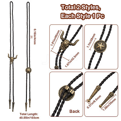 2Pcs 2 Styles Adjustable Vintage PU Leather Bolo Tie NJEW-GF0001-10AB-1