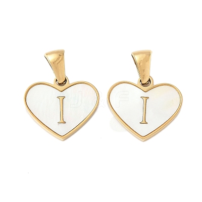 304 Stainless Steel Pave Natural White Shell Heart with Initial Slice Pendants STAS-R168-25G-I-1