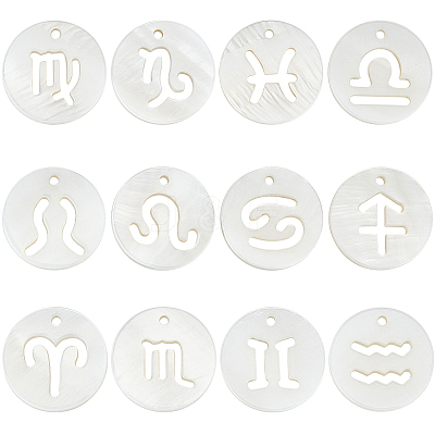 24Pcs 12 Styles 12 Constellation Natural Freshwater Shell Hollower Flat Round Charms SHEL-BBC0001-12-1