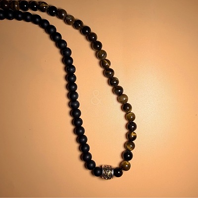 Vintage Frosted 8MM Natural Black Onyx(Dyed & Heated) and Tiger Eye Round Beaded Necklaces with Alloy Column for Men DB2700-1