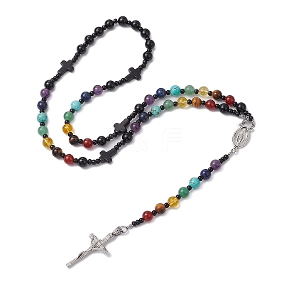 Gemstone Chakra Cross Pendant Rosary Bead Necklaces for Women NJEW-TA00176-1
