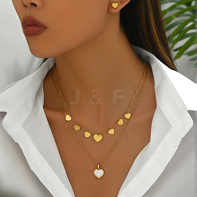 Elegant Vintage Stainless Steel Rhinestone Heart-shaped Stud Earrings & Double-layer Necklace Sets for Women AW6006-1