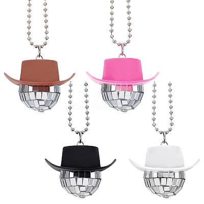 4Pcs 4 Colors Plastic Cap with Glass Disco Ball Pendant Necklace with Iron Ball Chains NJEW-GA0001-06-1