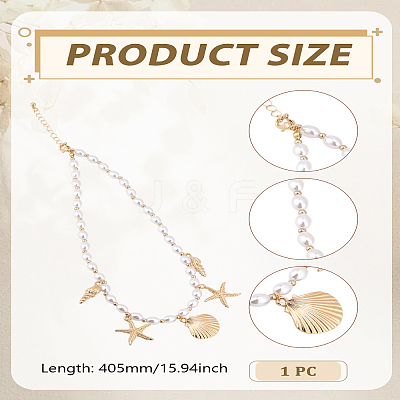 1Pc Alloy Starfish Shell Shape Charm White Round ABS Plastic Imitation Pearl Beaded Necklaces NJEW-LP0007-38-1
