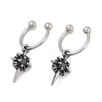 Flower 316 Surgical Stainless Steel & Black Glass Dangle Half Hoop Earrings for Women EJEW-G416-49AS-1