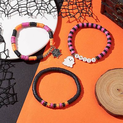 3Pcs Halloween Theme Handmade Polymer Clay Beaded Stretch Bracelets X1-BJEW-TA00466-1