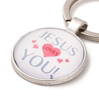 I Love Jesus Symbol Glass Pendant Keychain with Alloy Jesus Fish Charm LS-KEYC-G058-01B-1