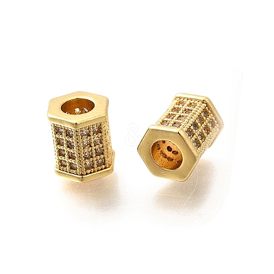 Rack Plating Hexagon Brass Micro Pave Clear Cubic Zirconia European Beads KK-Q040-10G-1