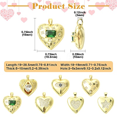 7Pcs 7 Styles Brass Micro Pave Clear Cubic Zirconia Locket Pendants FIND-CJ0005-08-1