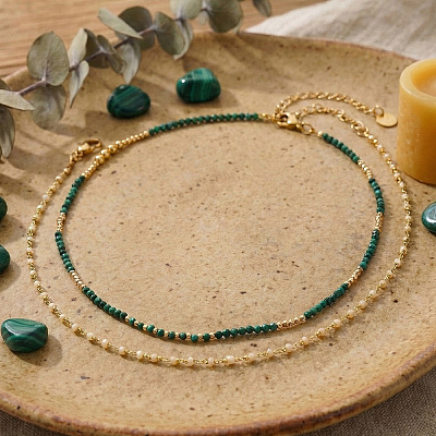 Faceted Round Natural Malachite and Faux Pearl Beaded Double Layer Necklaces with Stainless Steel Cable Chains for Women QA9990-1-1