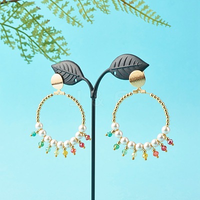 Round Shell Pearl Beads & Glass Beads Big Ring Dangle Stud Earrings EJEW-TA00013-1