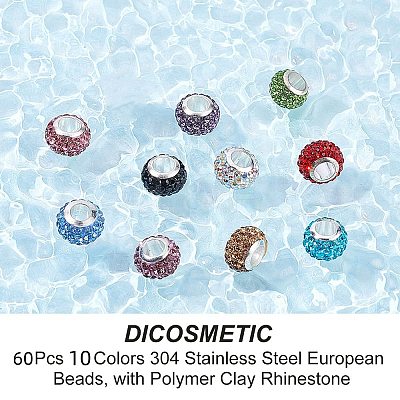 60pcs 10 colors 304 Stainless Steel European Beads FIND-DC0001-26-1