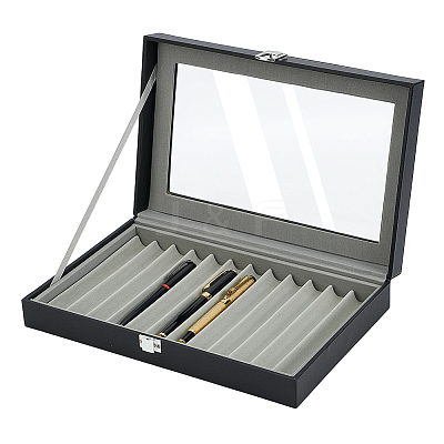 Black PU Leather Pen Organizer Boxes with Clear Glass Visible Window Lid CON-WH0107-129B-1