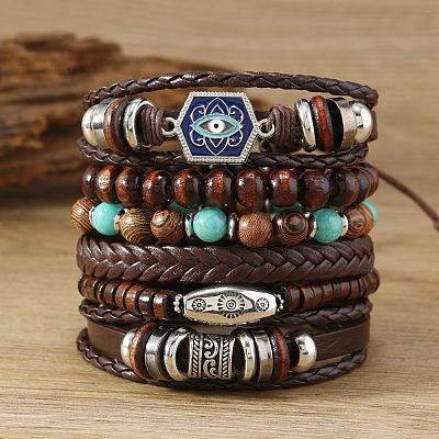 6Pcs 6 Styles Wood & Synthetic Turquoise Beaded Stretch Bracelets & Alloy Synthetic Turquoise Link Bracelets & Retro PU Leather Cord Bracelets for Men's FS-WG129F8-08-1