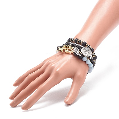 5Pcs 5 Style Natural Lava Rock & Natural Quartz & Synthetic Hematite Stretch Bracelets Set BJEW-JB08739-1