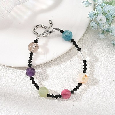 Round Natural Mixed Stone and Black Bicone Glass Beaded Bracelets for Women BJEW-TA00752-1