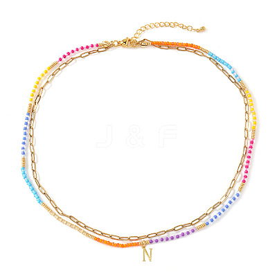 Colorful Glass Seed Beaded Initial Pendant Double Layer Necklaces QS3881-14-1