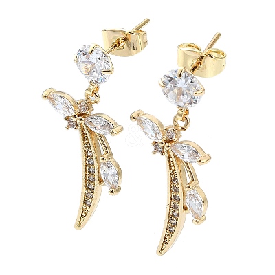 Flower Brass Micro Pave Cubic Zirconia Dangle Stud Earrings EJEW-D098-16G-1