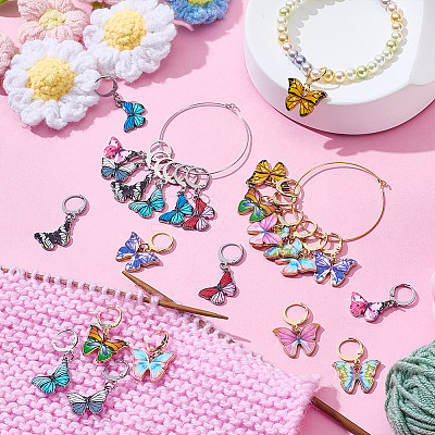 24Pcs 12 Styles Butterfly Alloy Enamel Pendant Locking Stitch Markers HJEW-HY00112-1