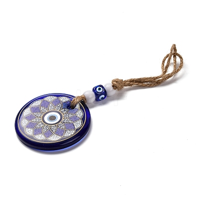 Flat Round with Evil Eye Lampwork Pendant Decoration HJEW-Z005-01D-1