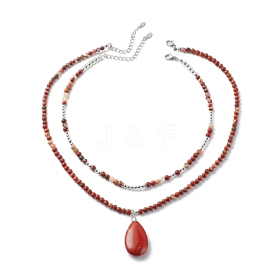 2Pcs 2 Style Natural Red Jasper Teardrop Pendant Necklaces Set NJEW-JN04064-1