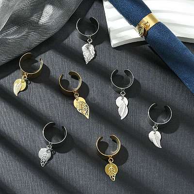 8Pcs 4 Style 304 Stainless Steel Open Cuff Finger Rings with Leaf Charms RJEW-AB00008-1