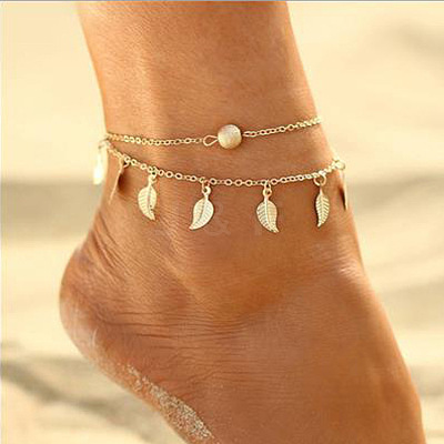 Ethnic Style Alloy Leaf Tassel Double Layered Anklets for Women FS-WG91AE1-01-1
