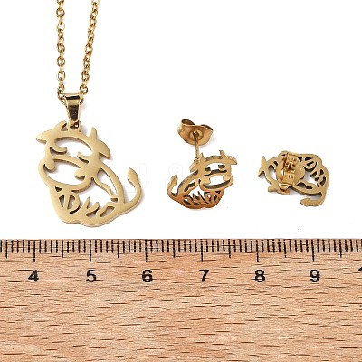 Hollow Cow 201 Stainless Steel Pendant Necklaces & Stud Earrings Sets for Women SJEW-Q025-05G-1