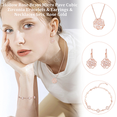 Hollow Rose Brass Micro Pave Cubic Zirconia Bracelets & Earrings & Necklaces Sets SJEW-UN0001-21RG-1