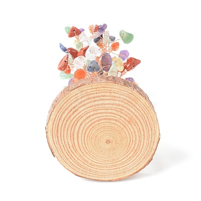 Natural Gemstone Chips with Brass Wrapped Wire Money Tree on Wood Base Display Decorations DJEW-B007-05A-1