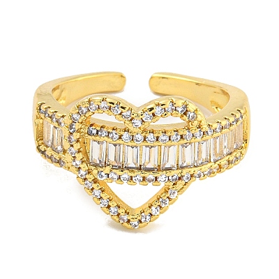 Rack Plating Brass Micro Pave Cubic Zirconia Heart Open Cuff Ring for Women RJEW-C082-09G-1
