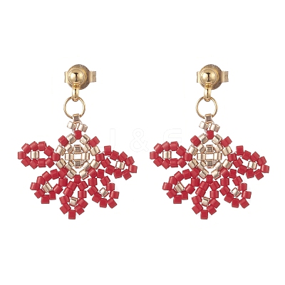 Glass Seed Braided Flower Dangle Stud Earrings EJEW-MZ00048-1