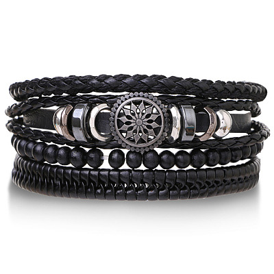 1Pc Cowhide & Imitation Leather Cord Knitted Multi-strand Bracelets AJEW-GF0011-50A-1