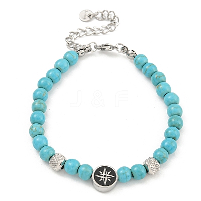 304 Stainless Steel & Synthetic Turquoise Round Beaded Bracelets for Women BJEW-G717-09-1