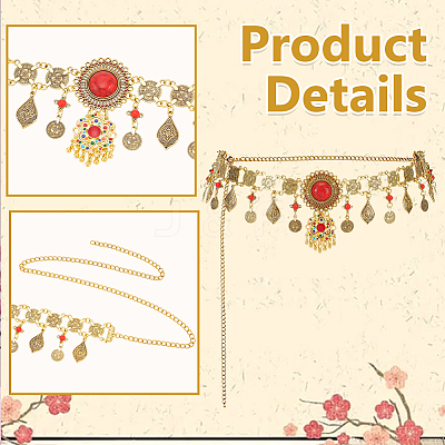 1Pc Alloy Coin Red Flower Waist Belly Chains for Dancer AJEW-GF0015-05-1