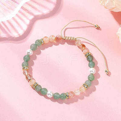 Natural Green Aventurine & Natural Citrine & Shell Pearl Round Beaded Braided Bead Bracelets BJEW-JB13392-01-1