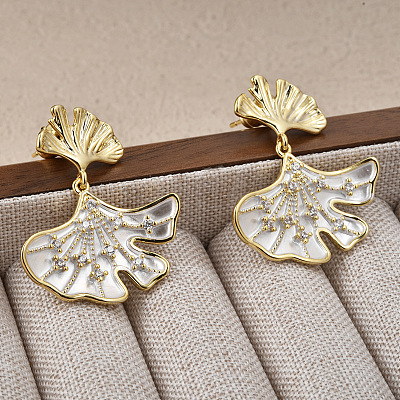 Ginkgo Leaf Brass Pave Clear Cubic Zirconia Stud Dangle Stud Earrings for Women EJEW-G391-10G-02-1