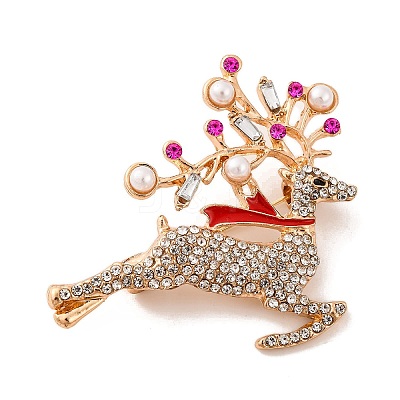 Christmas Alloy Crystal Rhinestone & Plastic Pearl Deer Brooch for Women JEWB-M043-14KCG-1