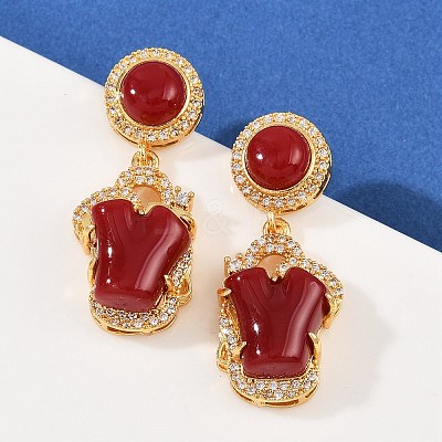 Brass Micro Pave Clear Cubic Zirconia Flat Round with Nuggets Dangle Stud Earrings EJEW-Z131-02G-1