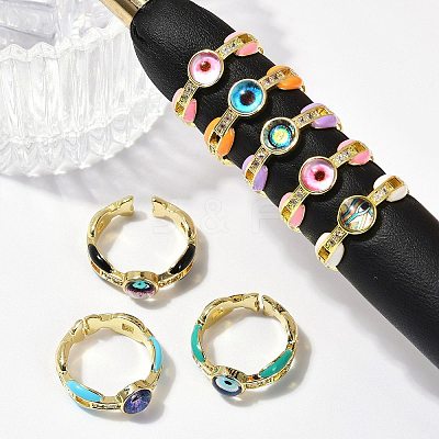 Brass Micro Pave Clear Cubic Zirconia Enamel Cuff Rings for Women RJEW-L113-023G-1