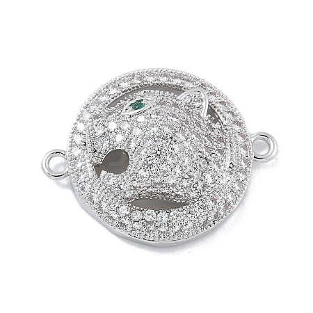 Rack Plating Brass Micro Pave Clear Cubic Zirconia Flat Round with Leopard Connector Charms KK-A234-061P-1