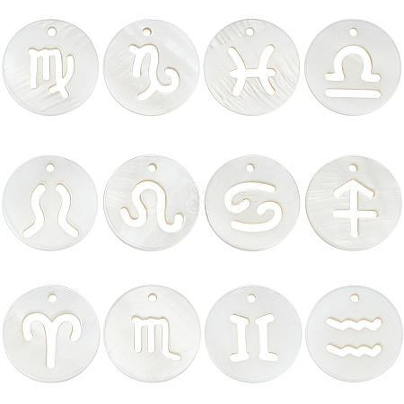 24Pcs 12 Styles 12 Constellation Natural Freshwater Shell Hollower Flat Round Charms SHEL-BBC0001-12-1