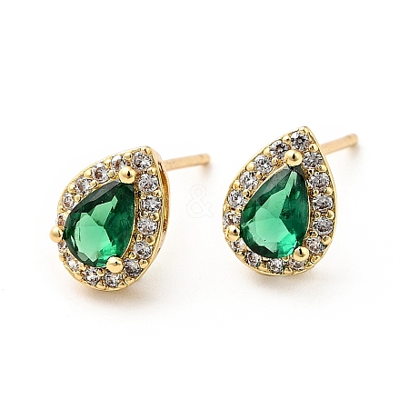 Green Cubic Zirconia Teardrop Stud Earrings X-EJEW-F288-20G-1