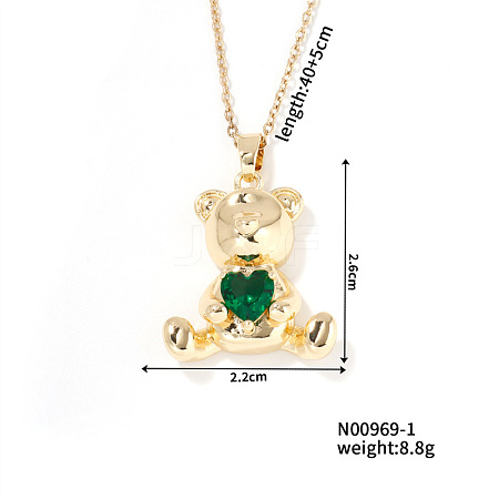 Cute Bear Heart Brass Emerald Rhinestone Pendant Necklaces for Women BF5088-1-1