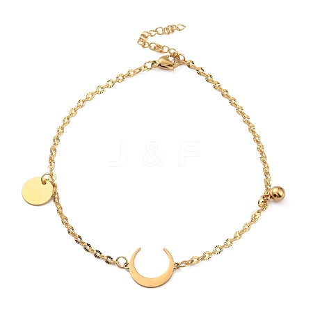 Ion Plating(IP) 304 Stainless Steel Double Horn Link Anklet with Ball Charms for Women AJEW-G049-03G-1